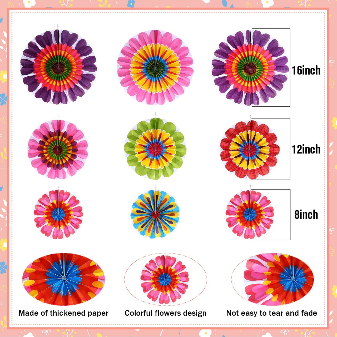 9 Pieces Spring Flower Hanging Paper Fans Decorations Flower Paper Fans Classroom Decorations Springtime Bloom Colorful Floral Ceiling Wall Garland for Spring Flower Themed Party Supplies Classroom Decor